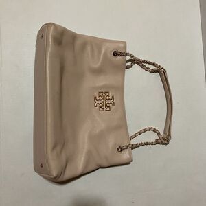 Tory Burch Patent Leather Shoulder Handbag Chain Strap Beige 2way